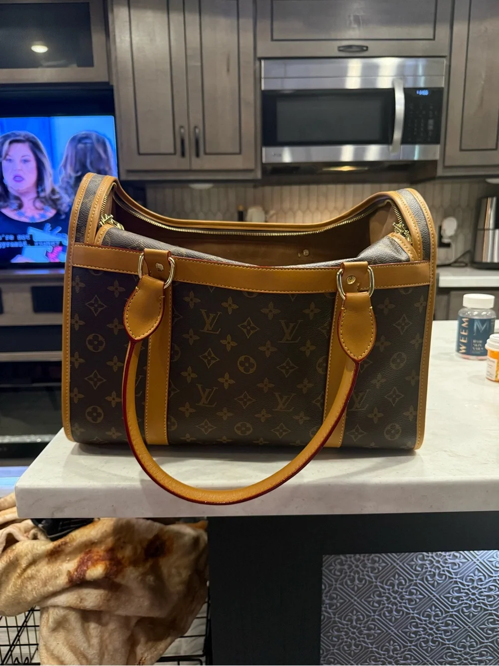 Luxury Monogram Brown Leather Crossbody Bag with Tan Trim